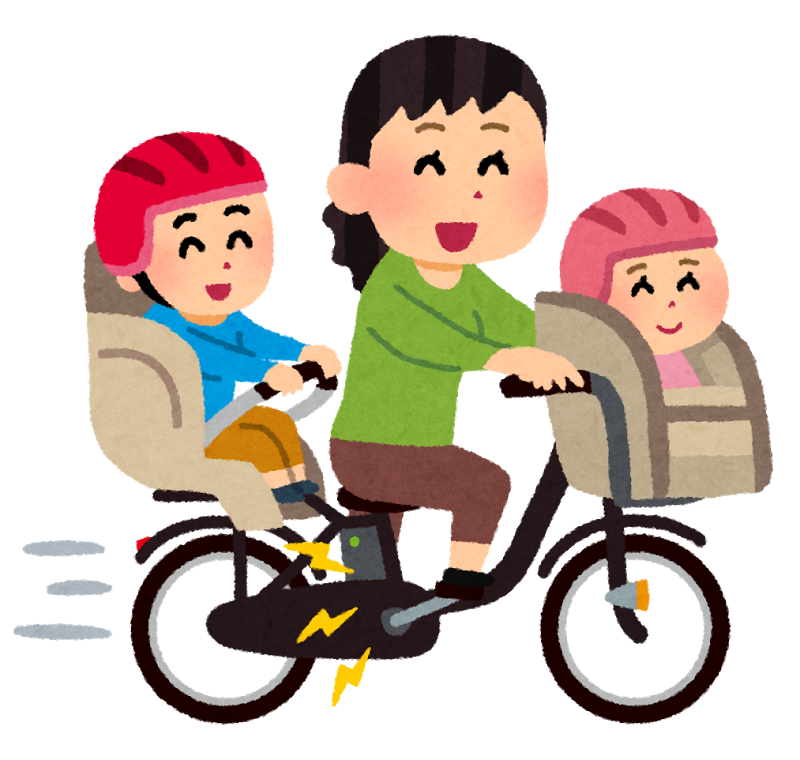 自転車に子供を乗せて走るお母さん